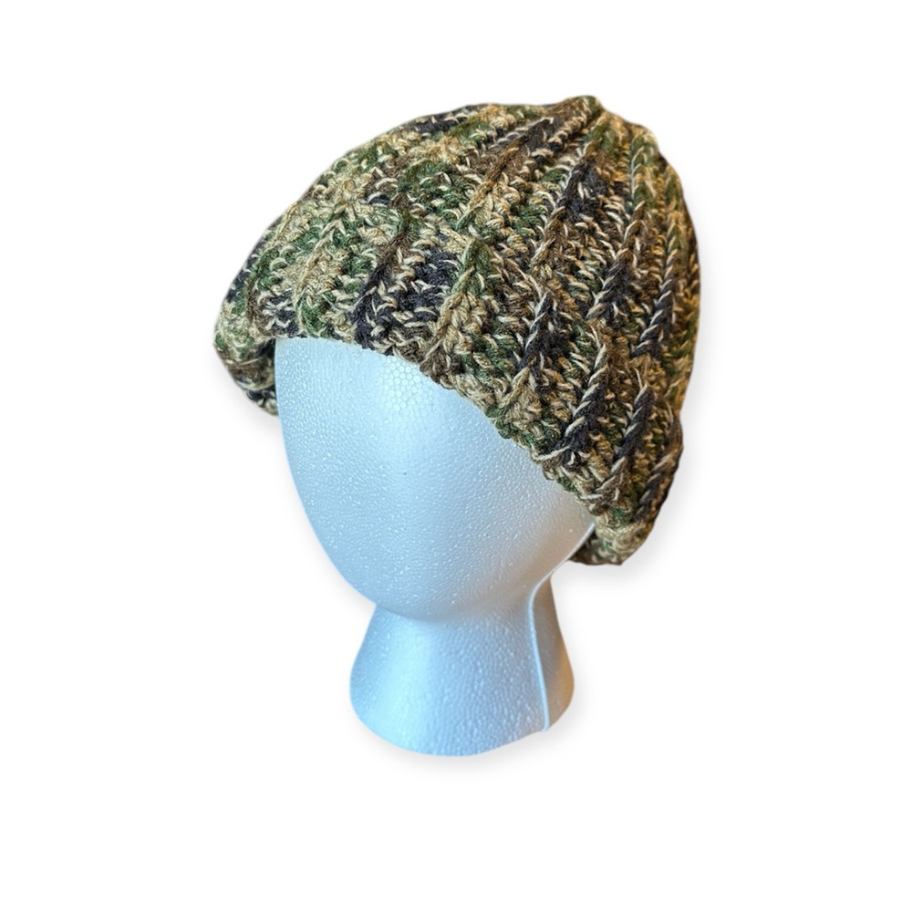 New Handmade Crochet Ribbed Beanie Fold over Hat Winter Green Camo Multi Color